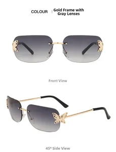 Detail view of rimless butterfly sunglasses with gold frame and sparkling rhinestones