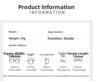 Size guide for rimless wrap sunglasses showing dimensions, 146mm frame width and 35g weight