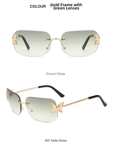 Detail of rimless butterfly sunglasses featuring gradient green lenses and crystal metal joints
