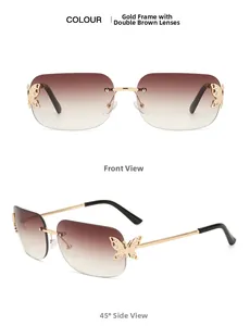 Detail view of rimless square sunglasses featuring golden butterfly accents and gradient brown lenses