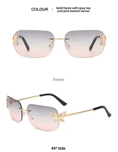 Close-up of rimless butterfly sunglasses with grey-pink gradient lenses and crystal details