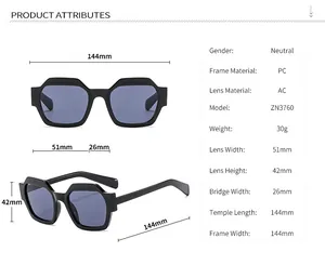 Detailed size specifications for polygon sunglasses with PC frame and AC lens material