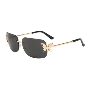 Women Rimless Square Sunglasses Rhinestone Butterfly Gradient Lens Metal Frame UV400 Fashion Eyewear For Travel Party