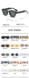 Detailed view showing product dimensions and various color options for round sunglasses