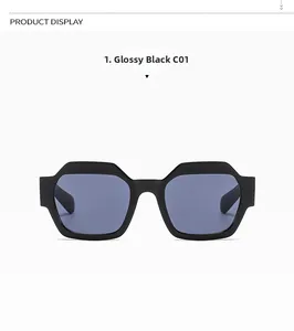 Detail view of glossy black square sunglasses frame with blue-tinted lenses