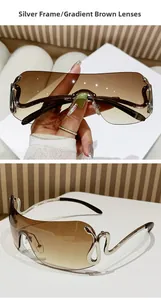 Macro detail of Y2K rimless sunglasses with silver S-shaped temple and brown gradient lens