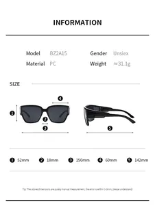 Size chart for unisex PC sports sunglasses showing frame width 150mm and height 52mm