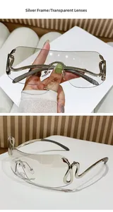 Detail of silver rimless sunglasses with snake metal decor and transparent lenses