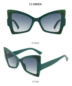 Détails des lunettes papillon vert C3 avec texture marbrée et des verres dégradés élégants