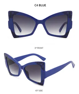 Vues détaillées de lunettes de soleil papillon bleues avec motifs effet marbré chic