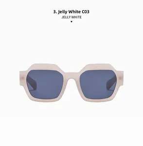 Front view of jelly white geometric sunglasses with dark grey lenses and matte frame