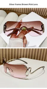 Detail of silver snake metal temple and tea pink gradient lenses on Y2K sunglasses