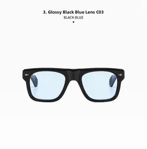 Detailed front view of square black sunglasses with transparent blue polarized lenses