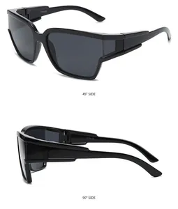 Detailed side view of black Y2K wraparound sunglasses showing 45 and 90 degree angles