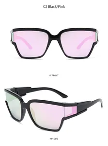 Y2K millennium curved wrap sports sunglasses with black frame and pink mirrored lenses