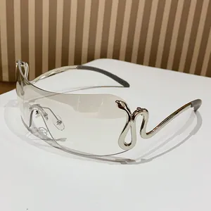 Y2K Rimless One Piece Shield Sunglasses For Women Men Fashion Snake Metal Temple Millennium Wrap Around Sunglasses UV400 Goggles