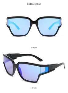 Front and side views of black Y2K sports sunglasses with vibrant blue mirrored lenses