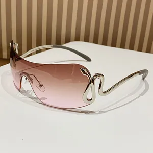 Frameless shield sunglasses with gradient pink lenses and silver snake-shaped metal temples
