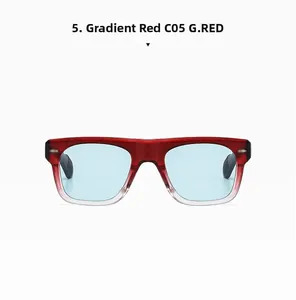 Detail of square polarized sunglasses featuring gradient red frames and silver accents