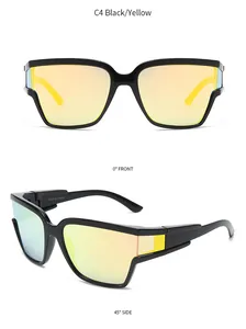 Front and 45-degree side views of black Y2K sports sunglasses with yellow gradient lenses