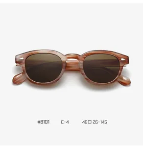 Detail of round tortoiseshell sunglasses with silver rivets and size specifications