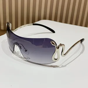 Y2K frameless oversized shield sunglasses with purple gradient lenses and silver snake detail