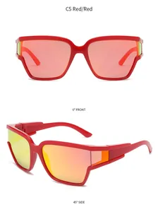 Front and 45-degree side views of C5 red oversized Y2K wrap-around sports sunglasses
