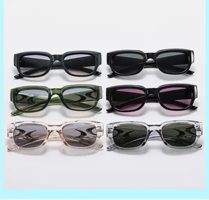 Détails de six lunettes de soleil rectangulaires en plusieurs coloris comme vert et champagne