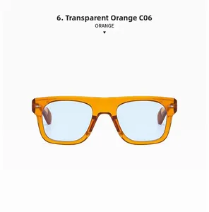 Close-up of square amber frame sunglasses with light blue lenses and transparent finish
