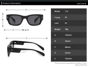 Size chart with precise dimensions for narrow frame sunglasses in PC material