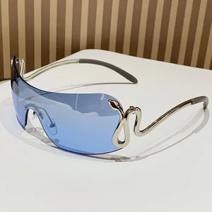 Y2K rimless one-piece blue shield sunglasses with silver metal snake-shaped temples