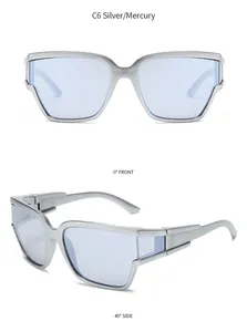 Front and 45-degree side views of silver Y2K curved sports sunglasses with mercury lenses