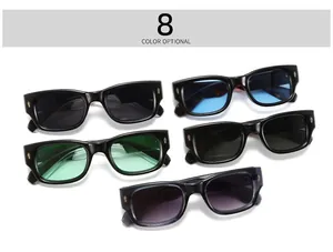 Close-up of rectangular sunglasses with decorative rivets and colorful lenses in 8 colors