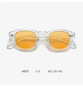 Detail view of transparent frame glasses with orange lenses and inner temple specifications