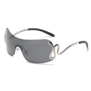Frameless oversized Y2K sunglasses with silver snake metal temple decoration and grey lenses