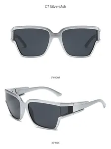 Front and side views of silver millennium Y2K sports sunglasses with ash gray lenses