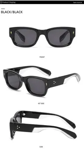 Detailed views of black rectangle sunglasses with silver studs and bicolor temples