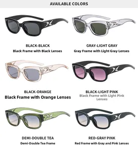 Detailed grid of rectangle sunglasses featuring silver metal accents in six varied colors