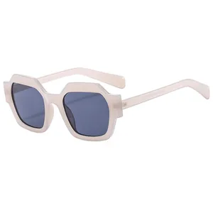 Chic beige oversized polygonal sunglasses with dark blue UV protection lenses for women