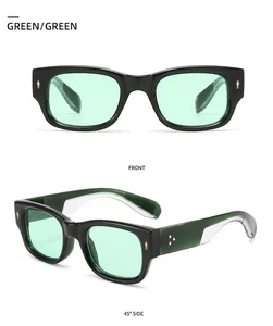 Detail view of retro narrow frame sunglasses with blue lenses and gold rivet accents