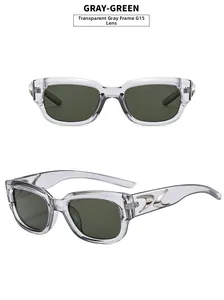 Detailed view of vintage transparent gray frames and G15 green lenses on retro sunglasses