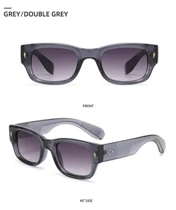 Front and 45-degree side view of grey translucent sunglasses with triple flower metal rivets