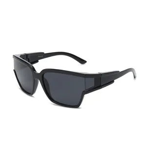 Black wrap-around Y2K sunglasses with wide temples and integrated shield lens