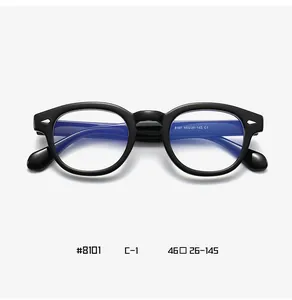 Detail view of model 8101 black round glasses frames with white size specifications