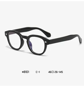 Macro detail of model 8101 black round glasses frames with rivet accents and bridge dimensions