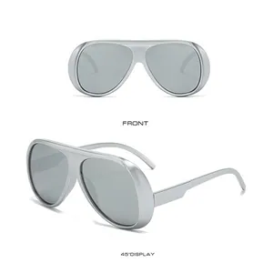Vues frontale et latérale de lunettes de soleil futuristes argentées surdimensionnées