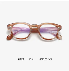 Macro view of retro round brown marble texture eyeglass frames with size details