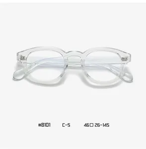 Macro view of transparent round eyewear frame with metallic hinge details and size specs