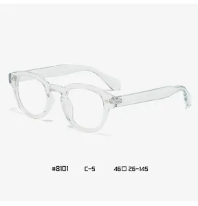 Detailed size chart for clear round vintage eyewear frames featuring model 8101 dimensions