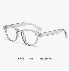 Detail view of round transparent grey glasses frames with size specs 46-26-145
